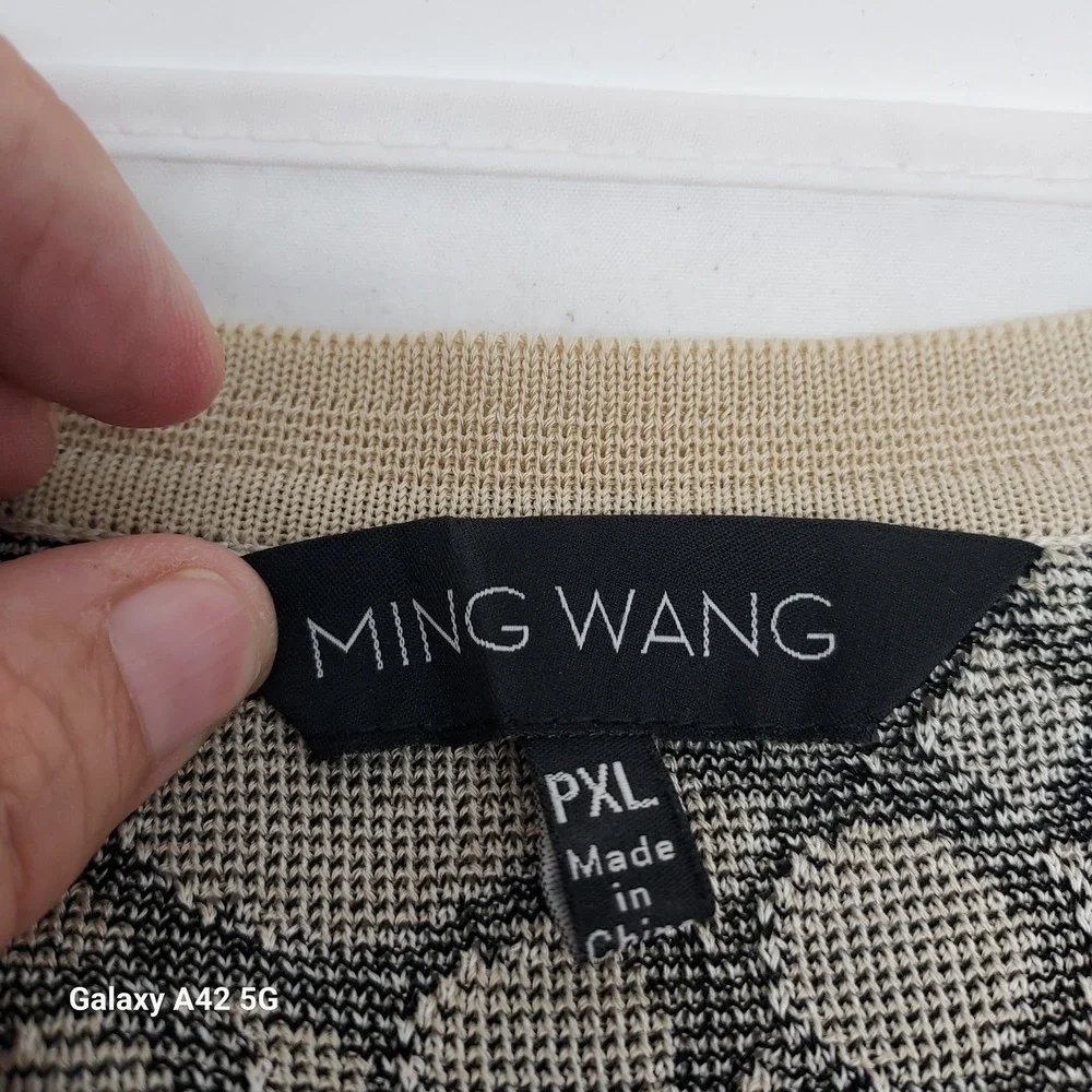 Ming Wang Knit Jacket Womens PXL Black Beige Circle‎ Pattern Open Front Cardigan